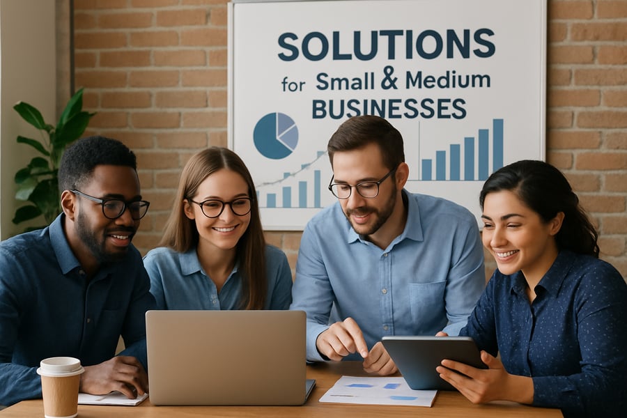 Equipe de tecnologia colaborando em soluções para pequenas e médias empresas