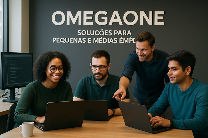 Equipe de tecnologia da Omegaone desenvolvendo soluções para pequenas e médias empresas